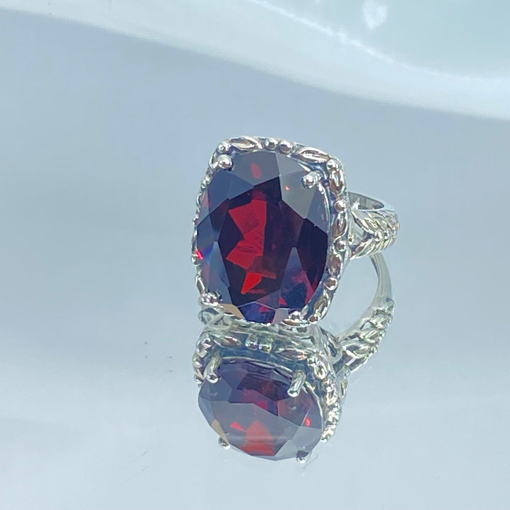 Red Garnet CZ Ring, 12 ct Oval Garnet Cubic Zirconia, Leaf Accent Vintage Jewelry, Sterling Silver Jewelry, Silver Embrace Jewelry, D120 Leaf Accent Ring