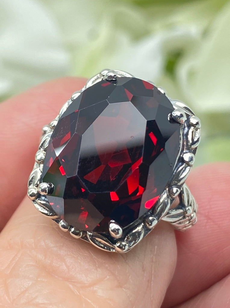 Red Garnet CZ Ring, 12 ct Oval Garnet Cubic Zirconia, Leaf Accent Vintage Jewelry, Sterling Silver Jewelry, Silver Embrace Jewelry, D120 Leaf Accent Ring