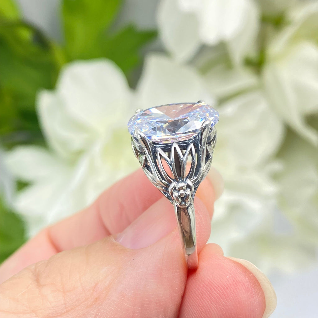 White CZ Ring, Tiki Ring, Faux diamond ring, Silver Embrace Jewelry, D122, Sterling Silver Filigree