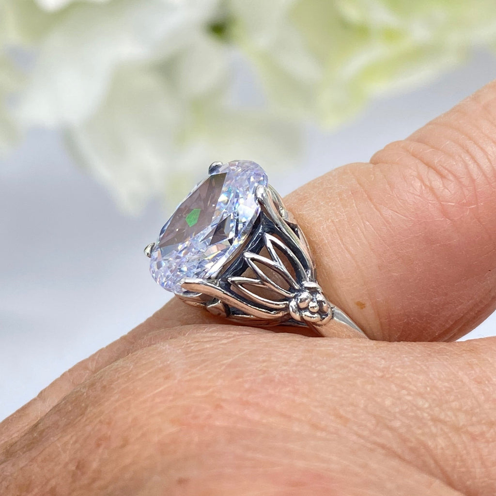 White CZ Ring, Tiki Ring, Faux diamond ring, Silver Embrace Jewelry, D122, Sterling Silver Filigree