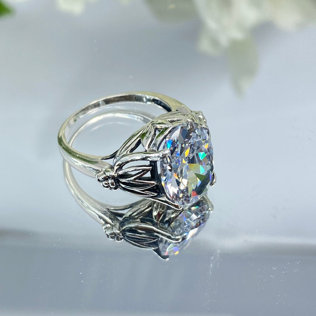 White CZ Ring, Tiki Ring, Faux diamond ring, Silver Embrace Jewelry, D122, Sterling Silver Filigree