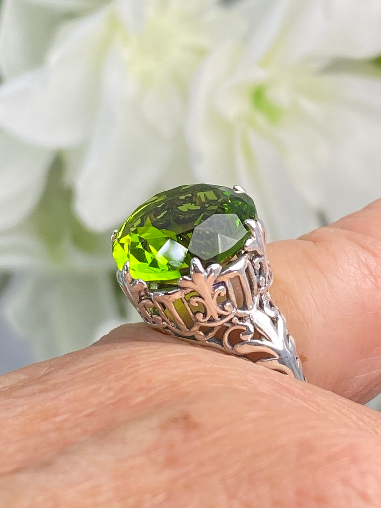 Peridot Ring, Green Gem with Gothic sterling silver filigree, King Ring, D123, Silver Embrace Jewelry