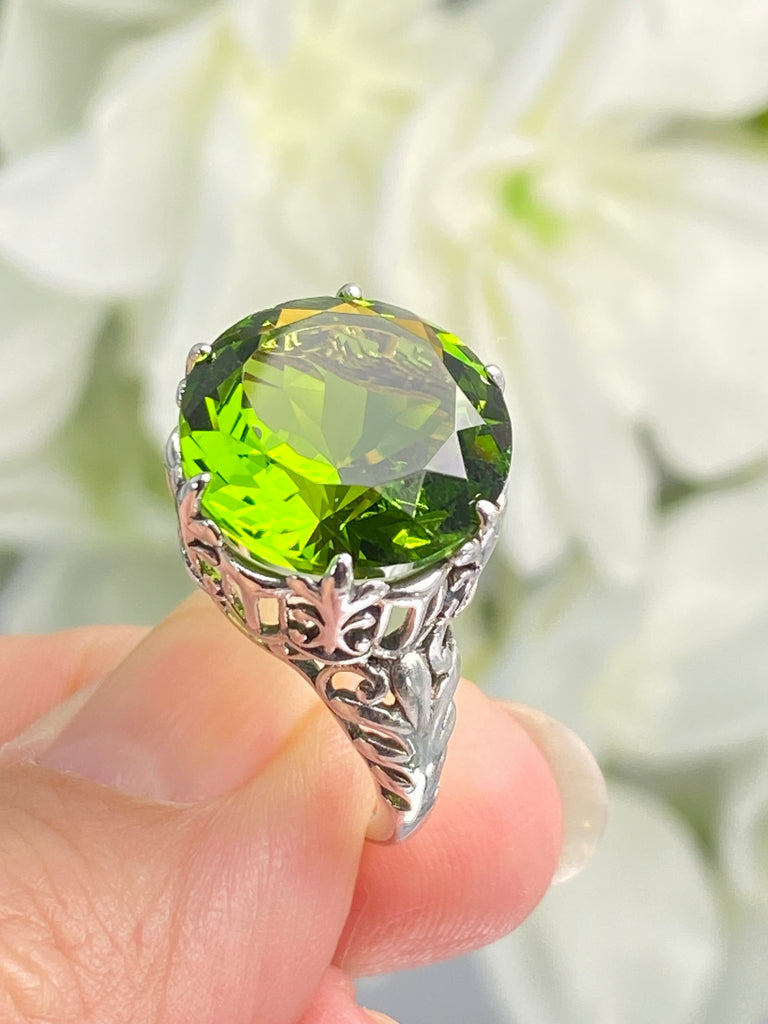 Peridot Ring, Green Gem with Gothic sterling silver filigree, King Ring, D123, Silver Embrace Jewelry