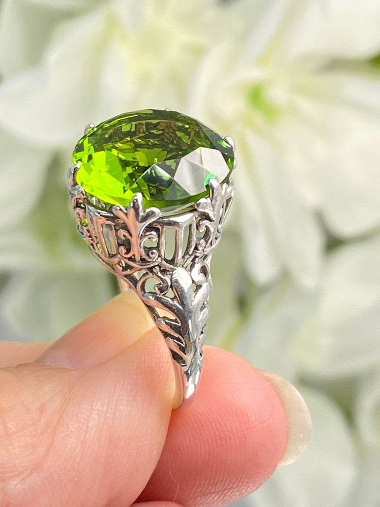 Peridot Ring, Green Gem with Gothic sterling silver filigree, King Ring, D123, Silver Embrace Jewelry