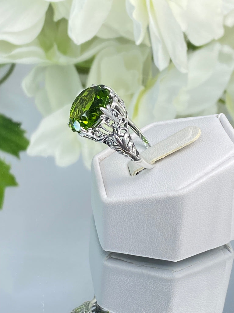 Peridot Ring, Green Gem with Gothic sterling silver filigree, King Ring, D123, Silver Embrace Jewelry