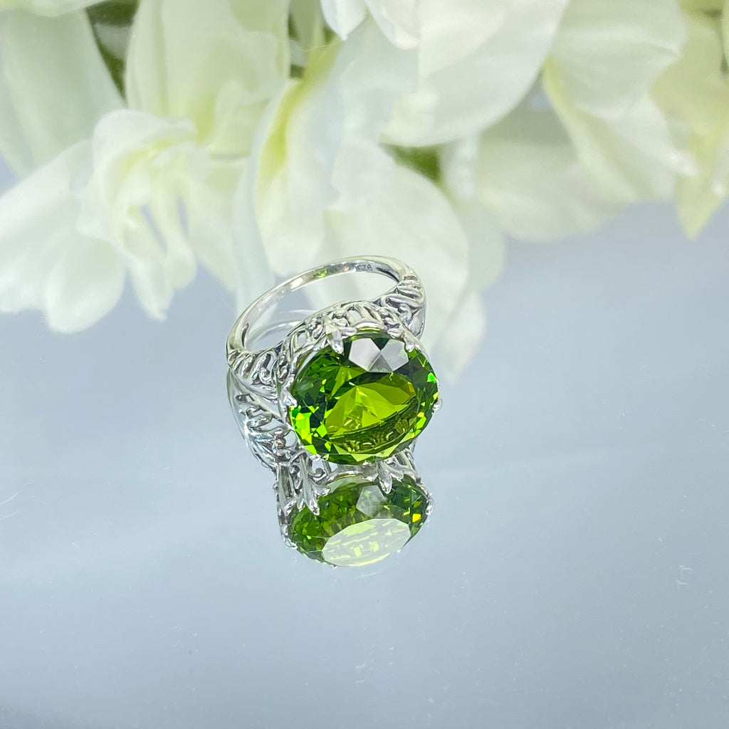 Peridot Ring, Green Gem with Gothic sterling silver filigree, King Ring, D123, Silver Embrace Jewelry