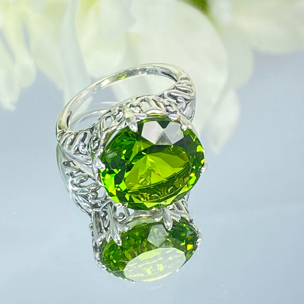 Peridot Ring, Green Gem with Gothic sterling silver filigree, King Ring, D123, Silver Embrace Jewelry