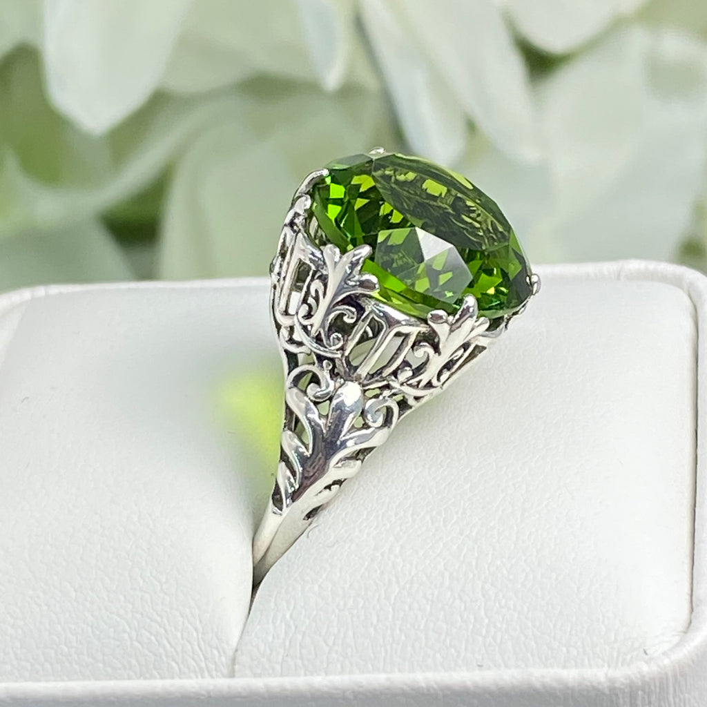 Peridot Ring, Green Gem with Gothic sterling silver filigree, King Ring, D123, Silver Embrace Jewelry