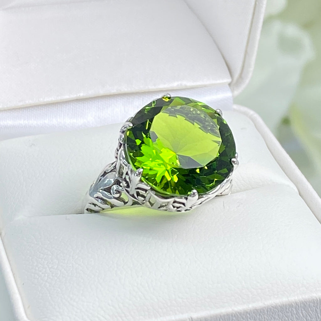 Peridot Ring, Green Gem with Gothic sterling silver filigree, King Ring, D123, Silver Embrace Jewelry