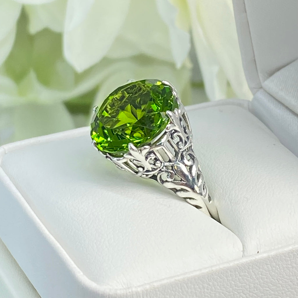 Peridot Ring, Green Gem with Gothic sterling silver filigree, King Ring, D123, Silver Embrace Jewelry