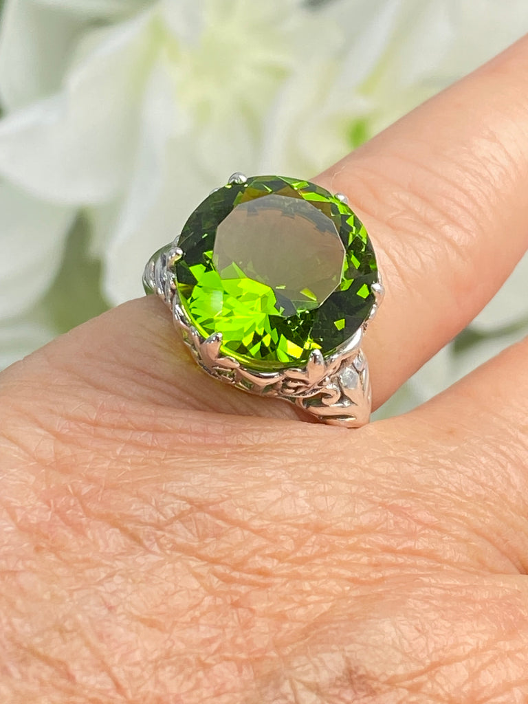 Peridot Ring, Green Gem with Gothic sterling silver filigree, King Ring, D123, Silver Embrace Jewelry