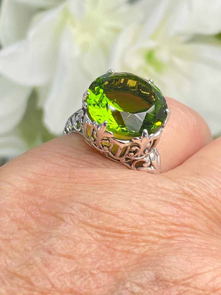 Peridot Ring, Green Gem with Gothic sterling silver filigree, King Ring, D123, Silver Embrace Jewelry