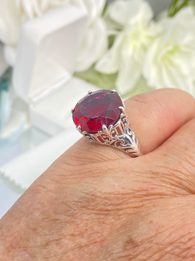 Ruby Ring, Red ruby large gemstone ring, Gothic design, Sterling silver filigree, on a white background, Silver Embrace Jewelry, D123, King Ring