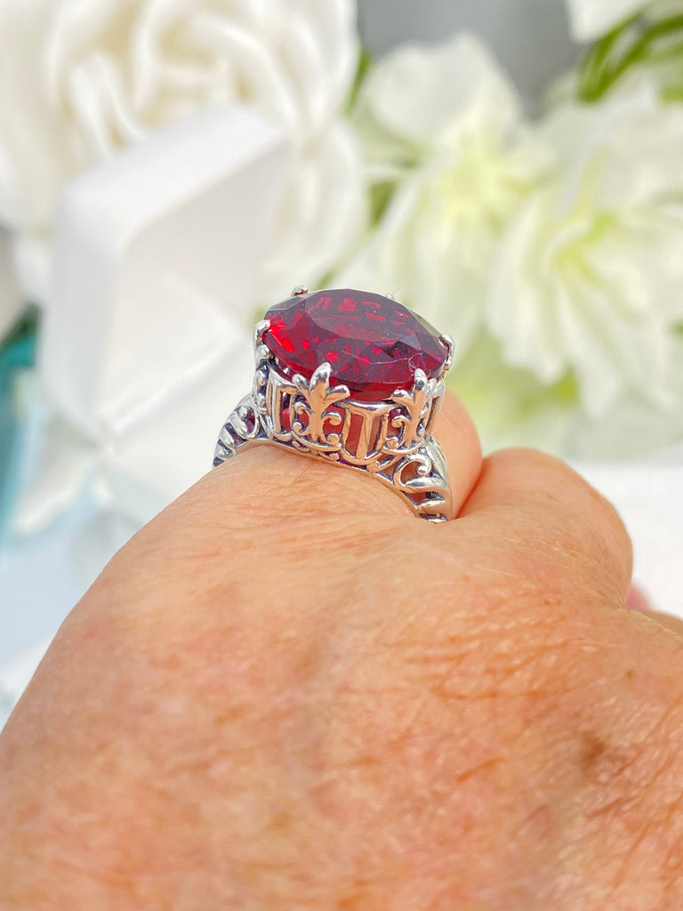 Ruby Ring, Red ruby large gemstone ring, Gothic design, Sterling silver filigree, on a white background, Silver Embrace Jewelry, D123, King Ring