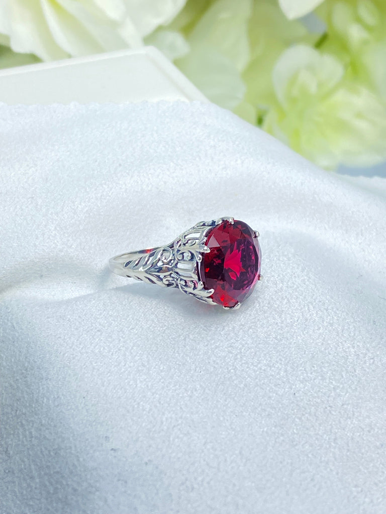 Ruby Ring, Red ruby large gemstone ring, Gothic design, Sterling silver filigree, on a white background, Silver Embrace Jewelry, D123, King Ring