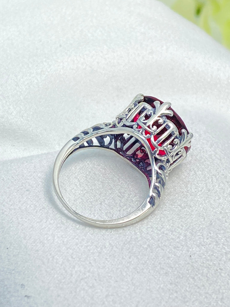 Ruby Ring, Red ruby large gemstone ring, Gothic design, Sterling silver filigree, on a white background, Silver Embrace Jewelry, D123, King Ring