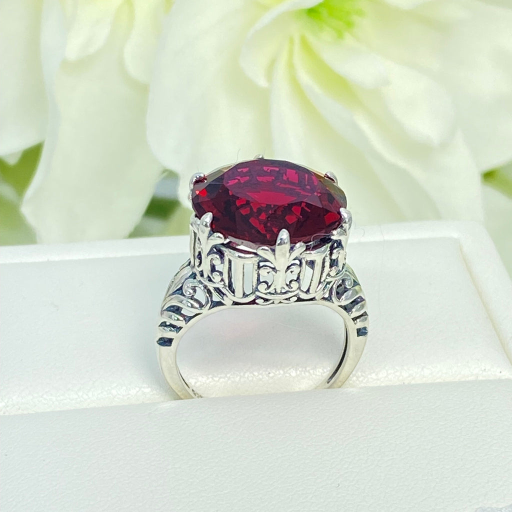 Ruby Ring, Red ruby large gemstone ring, Gothic design, Sterling silver filigree, on a white background, Silver Embrace Jewelry, D123, King Ring