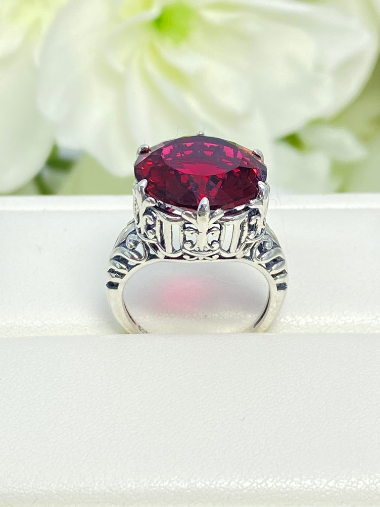 Ruby Ring, Red ruby large gemstone ring, Gothic design, Sterling silver filigree, on a white background, Silver Embrace Jewelry, D123, King Ring