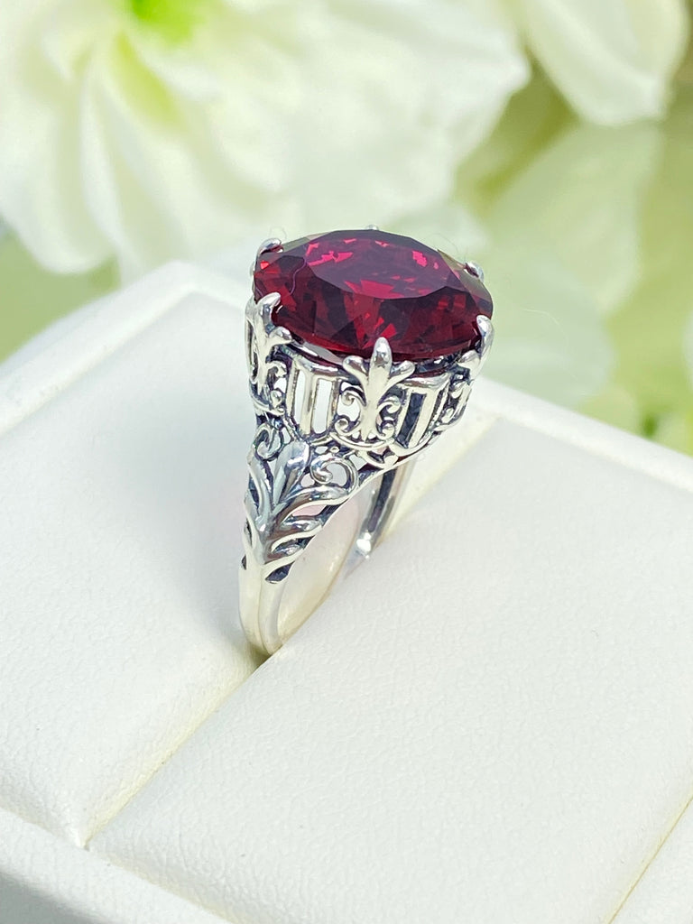 Ruby Ring, Red ruby large gemstone ring, Gothic design, Sterling silver filigree, on a white background, Silver Embrace Jewelry, D123, King Ring