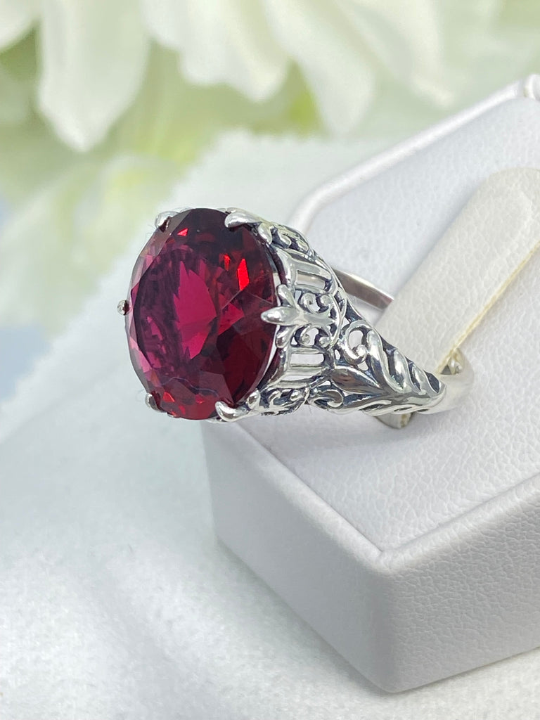 Ruby Ring, Red ruby large gemstone ring, Gothic design, Sterling silver filigree, on a white background, Silver Embrace Jewelry, D123, King Ring