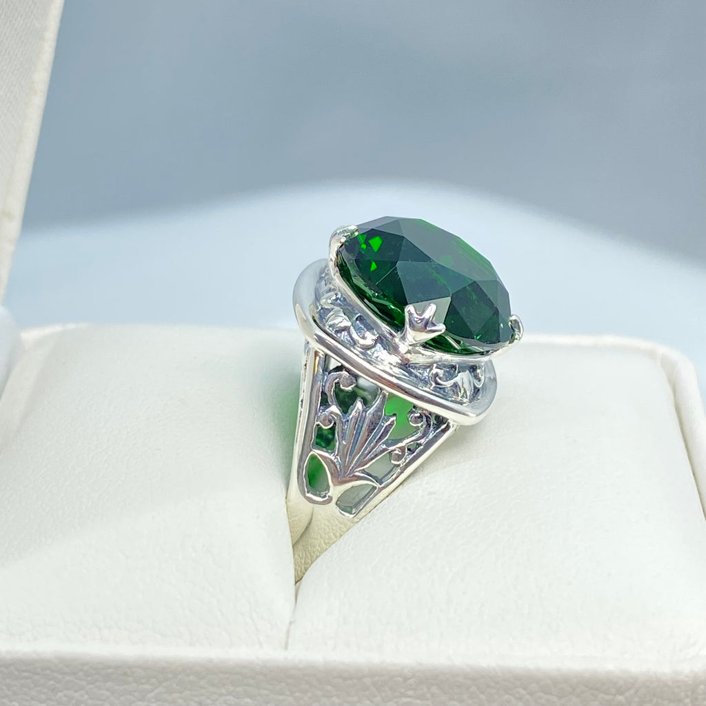 Green Emerald Ring, Lotus Egyptian style sterling silver filigree, silver embrace jewelry, D130