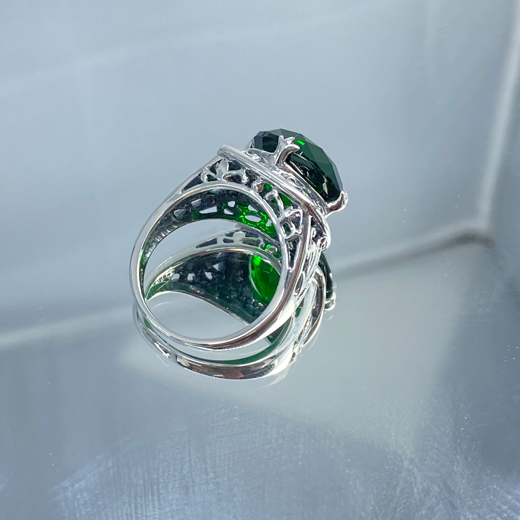 Green Emerald Ring, Lotus Egyptian style sterling silver filigree, silver embrace jewelry, D130