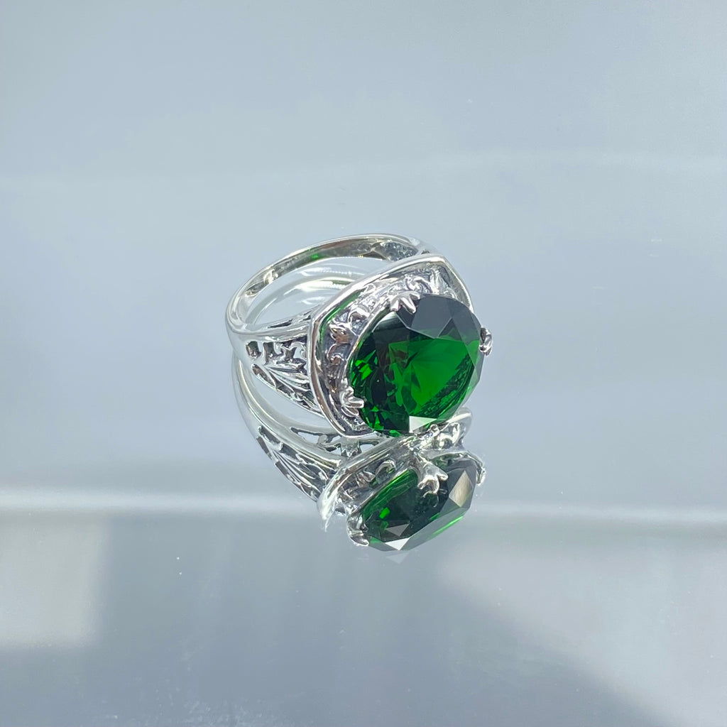 Green Emerald Ring, Lotus Egyptian style sterling silver filigree, silver embrace jewelry, D130