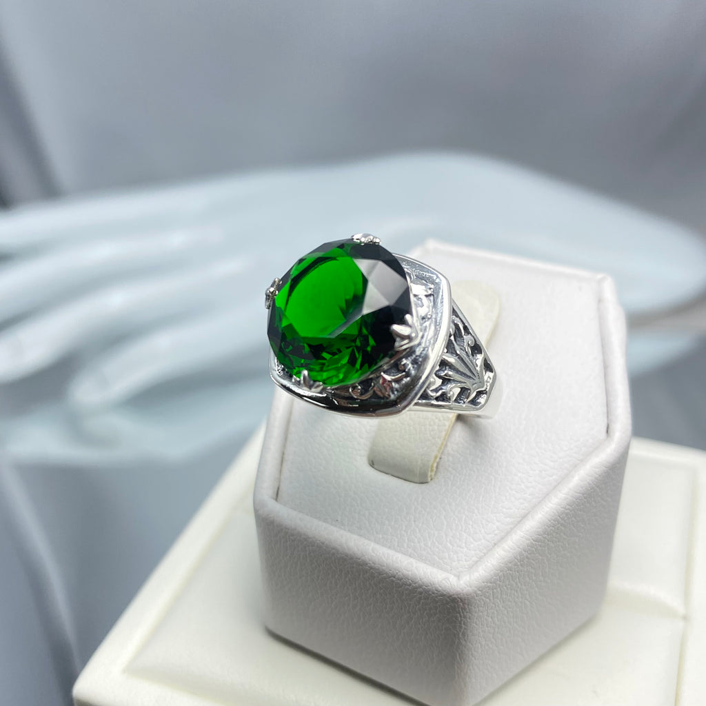 Green Emerald Ring, Lotus Egyptian style sterling silver filigree, silver embrace jewelry, D130