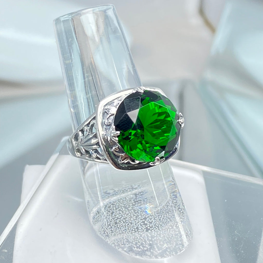 Green Emerald Ring, Lotus Egyptian style sterling silver filigree, silver embrace jewelry, D130