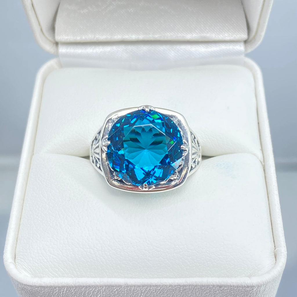 London Blue Topaz Ring, Lotus Egyptian style sterling silver filigree, silver embrace jewelry, D130