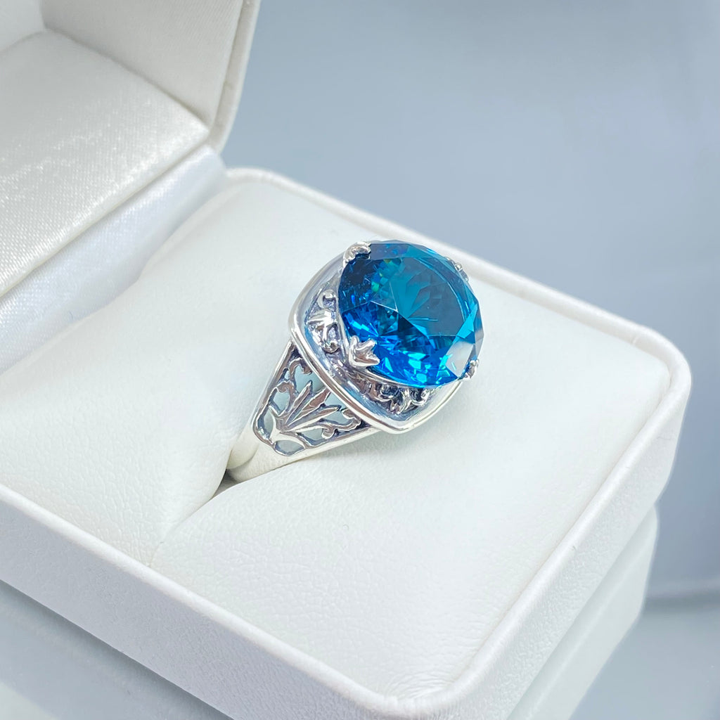 London Blue Topaz Ring, Lotus Egyptian style sterling silver filigree, silver embrace jewelry, D130