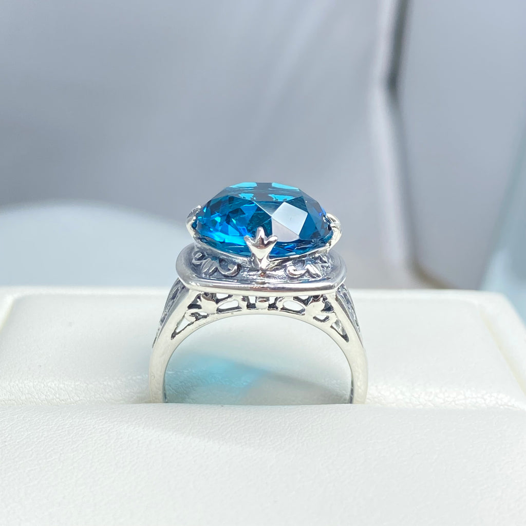 London Blue Topaz Ring, Lotus Egyptian style sterling silver filigree, silver embrace jewelry, D130