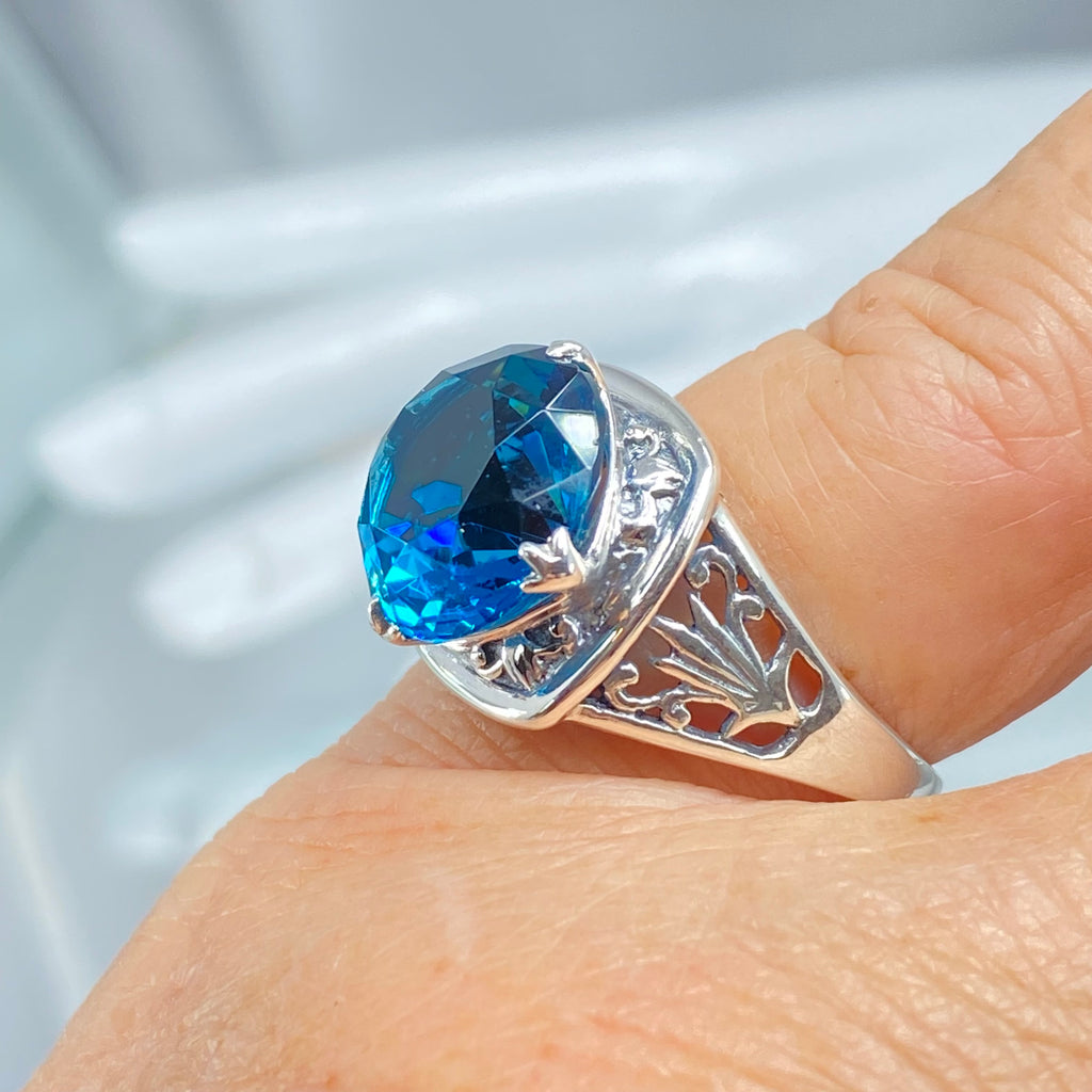 London Blue Topaz Ring, Lotus Egyptian style sterling silver filigree, silver embrace jewelry, D130