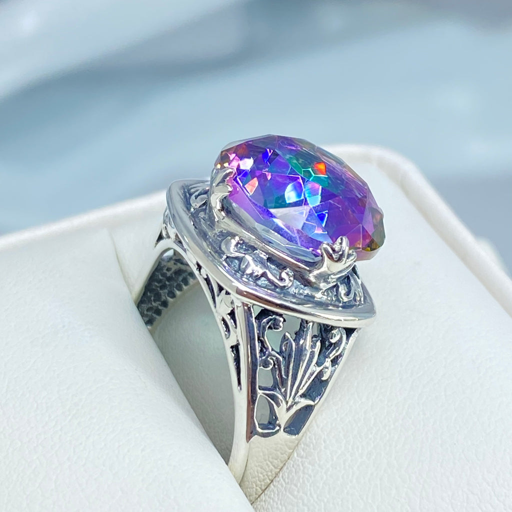 Mystic Topaz Ring, Lotus Egyptian style sterling silver filigree, silver embrace jewelry, D130