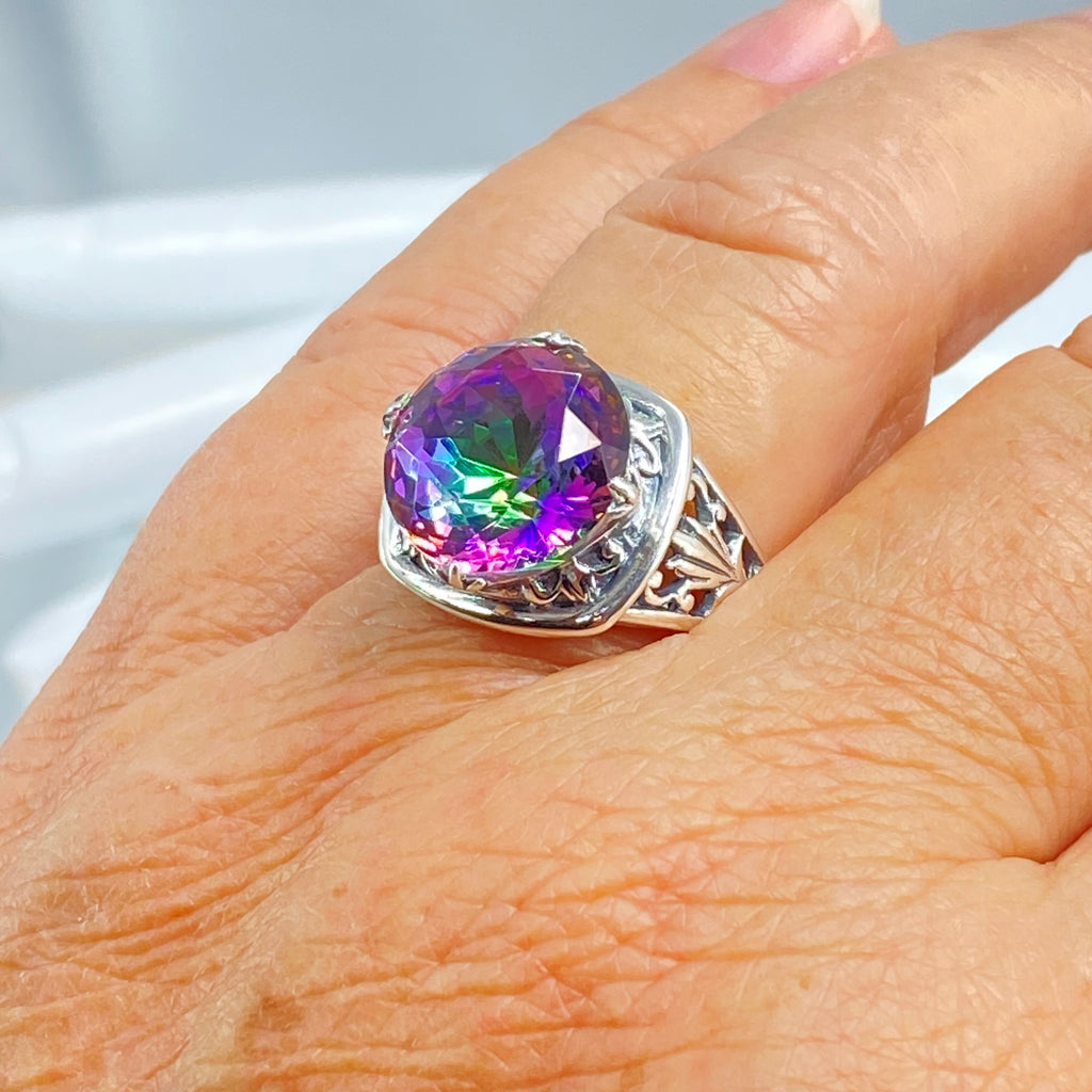 Mystic Topaz Ring, Lotus Egyptian style sterling silver filigree, silver embrace jewelry, D130