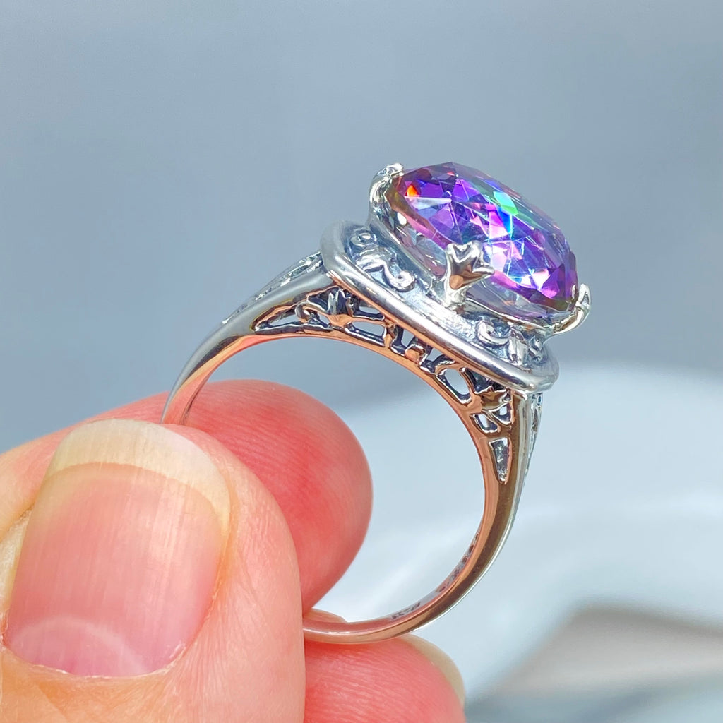 Mystic Topaz Ring, Lotus Egyptian style sterling silver filigree, silver embrace jewelry, D130