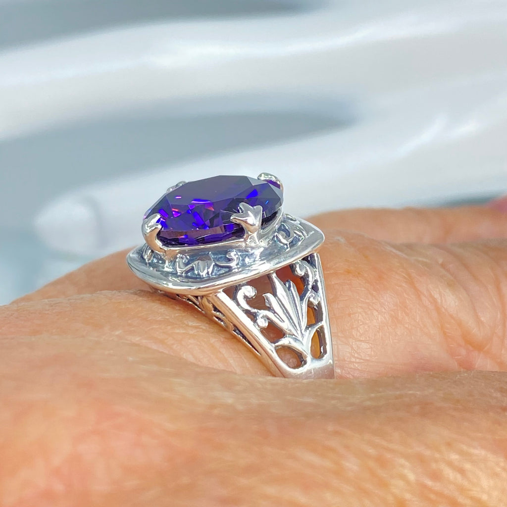 Purple Amethyst CZ Ring, Lotus Egyptian style sterling silver filigree, silver embrace jewelry, D130