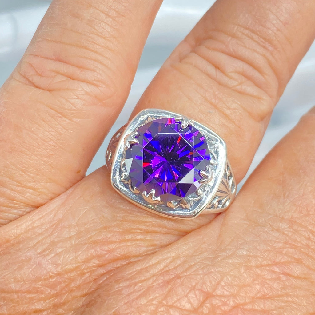 Purple Amethyst CZ Ring, Lotus Egyptian style sterling silver filigree, silver embrace jewelry, D130