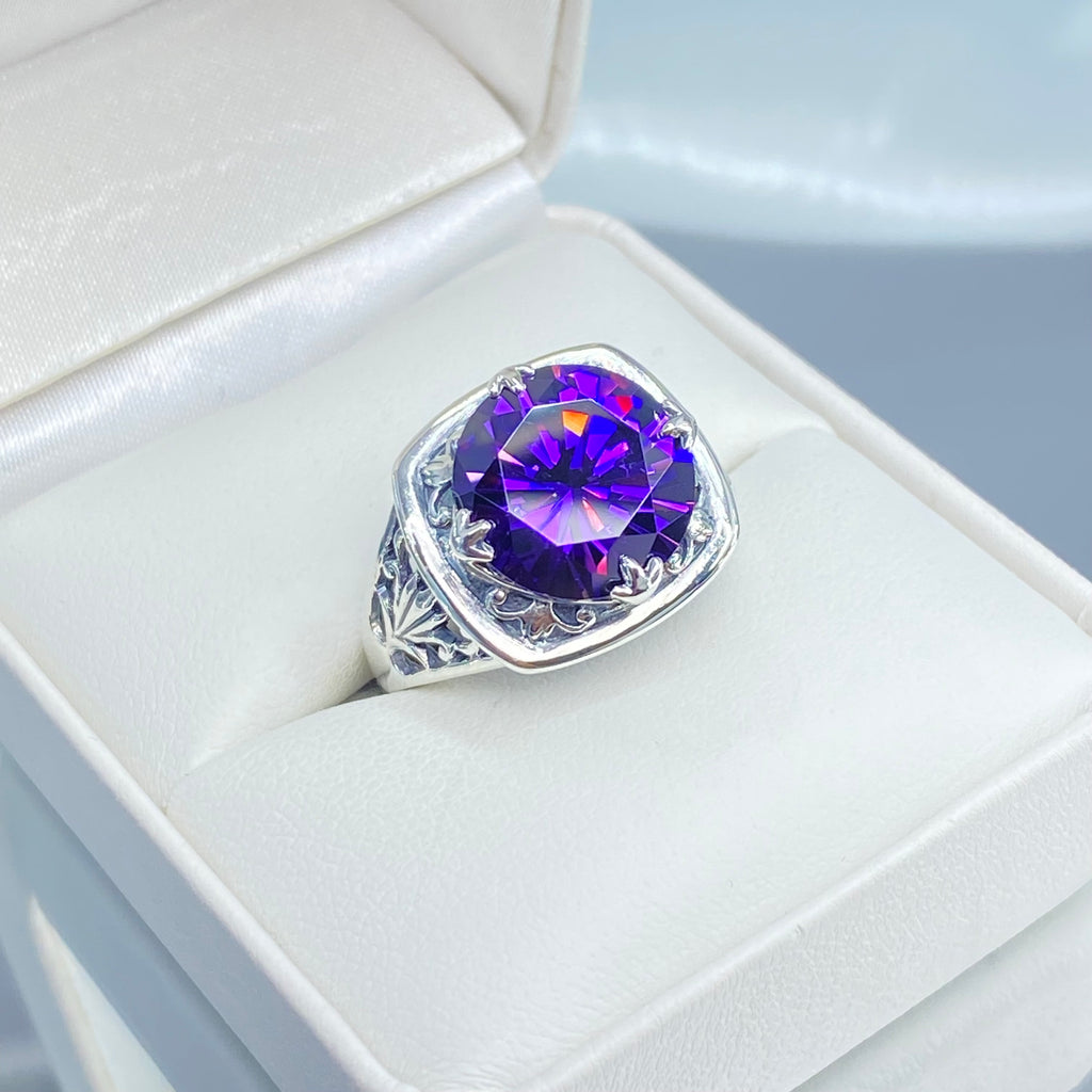 Purple Amethyst CZ Ring, Lotus Egyptian style sterling silver filigree, silver embrace jewelry, D130