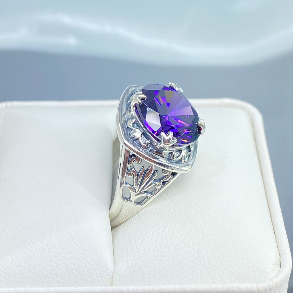 Purple Amethyst CZ Ring, Lotus Egyptian style sterling silver filigree, silver embrace jewelry, D130