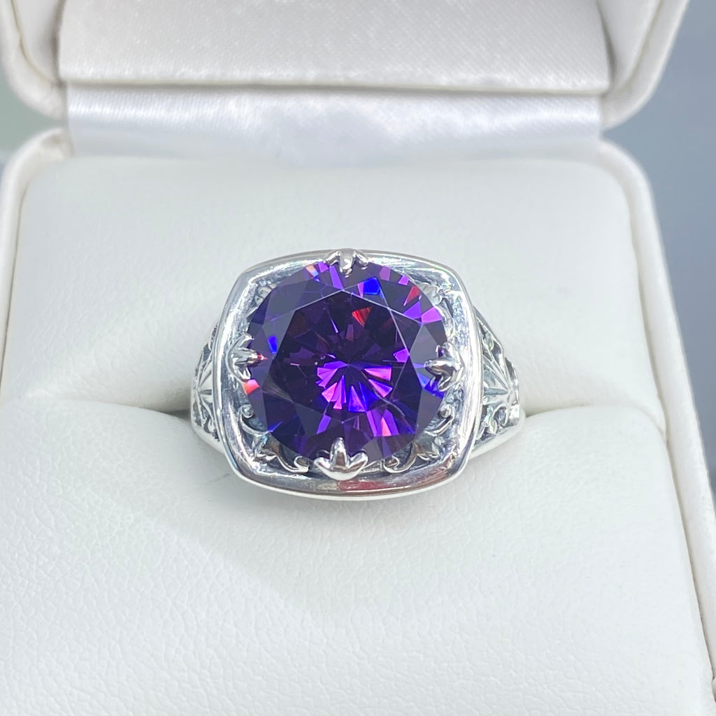 Purple Amethyst CZ Ring, Lotus Egyptian style sterling silver filigree, silver embrace jewelry, D130