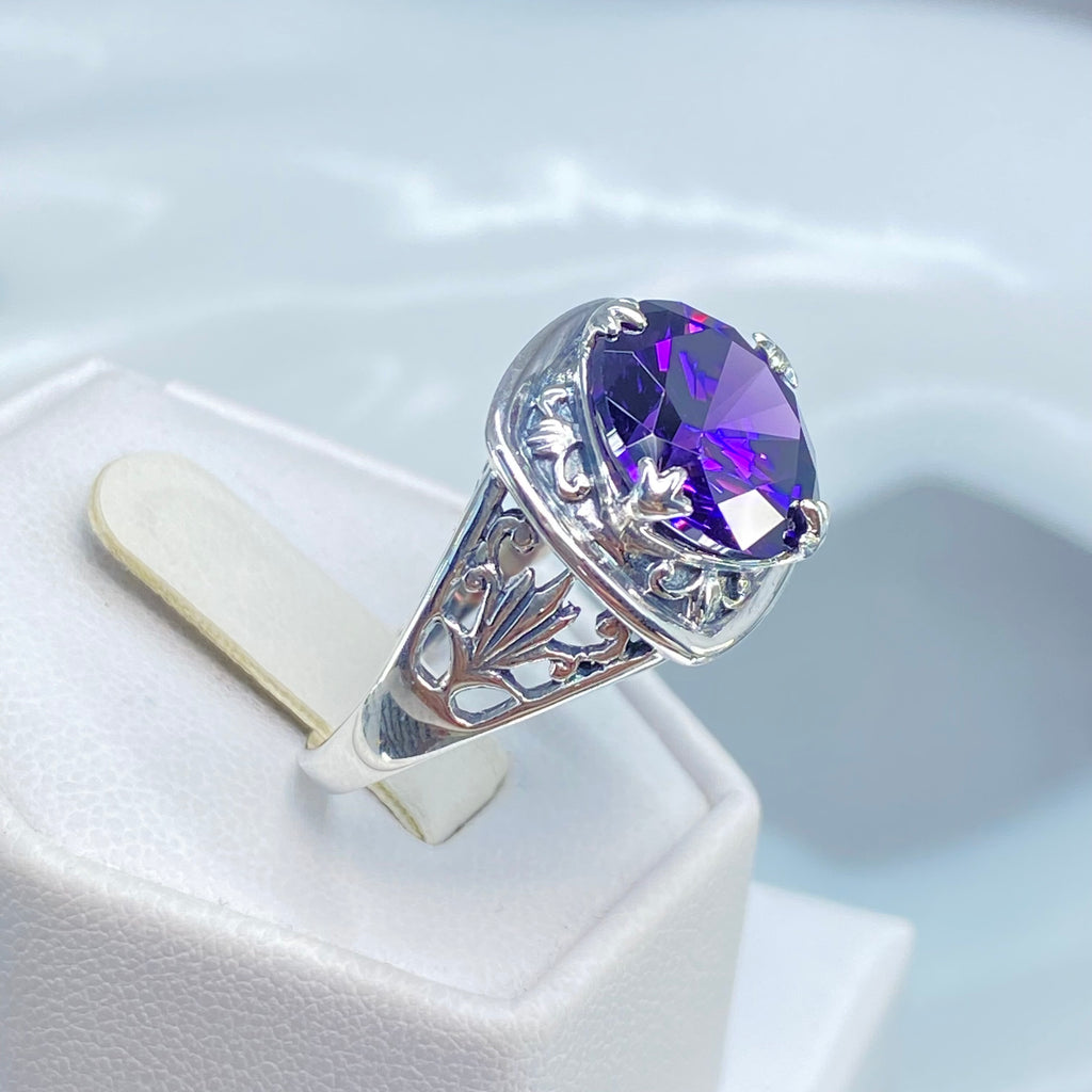 Purple Amethyst CZ Ring, Lotus Egyptian style sterling silver filigree, silver embrace jewelry, D130