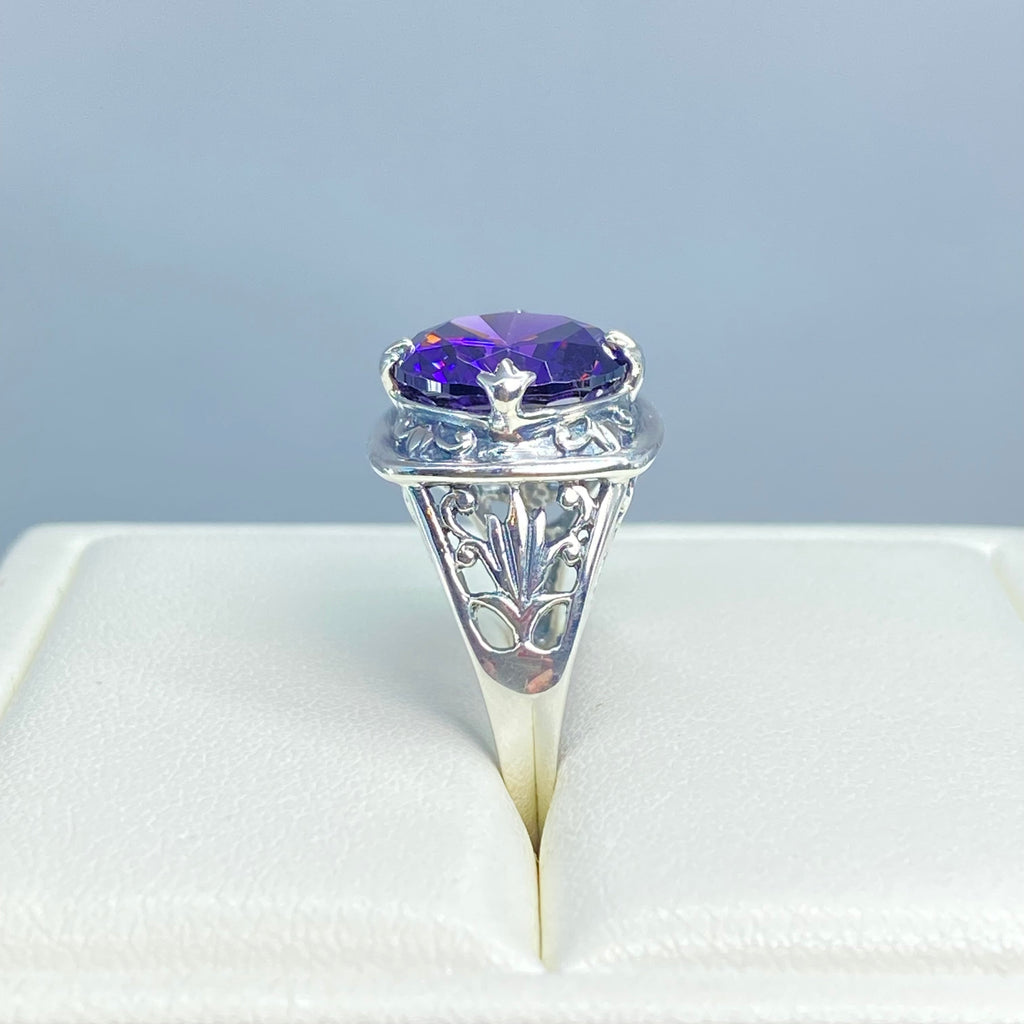 Purple Amethyst CZ Ring, Lotus Egyptian style sterling silver filigree, silver embrace jewelry, D130