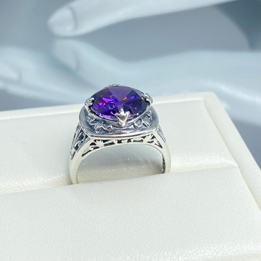 Purple Amethyst CZ Ring, Lotus Egyptian style sterling silver filigree, silver embrace jewelry, D130