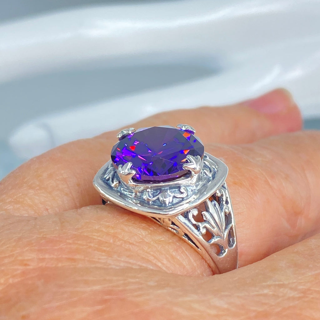 Purple Amethyst CZ Ring, Lotus Egyptian style sterling silver filigree, silver embrace jewelry, D130