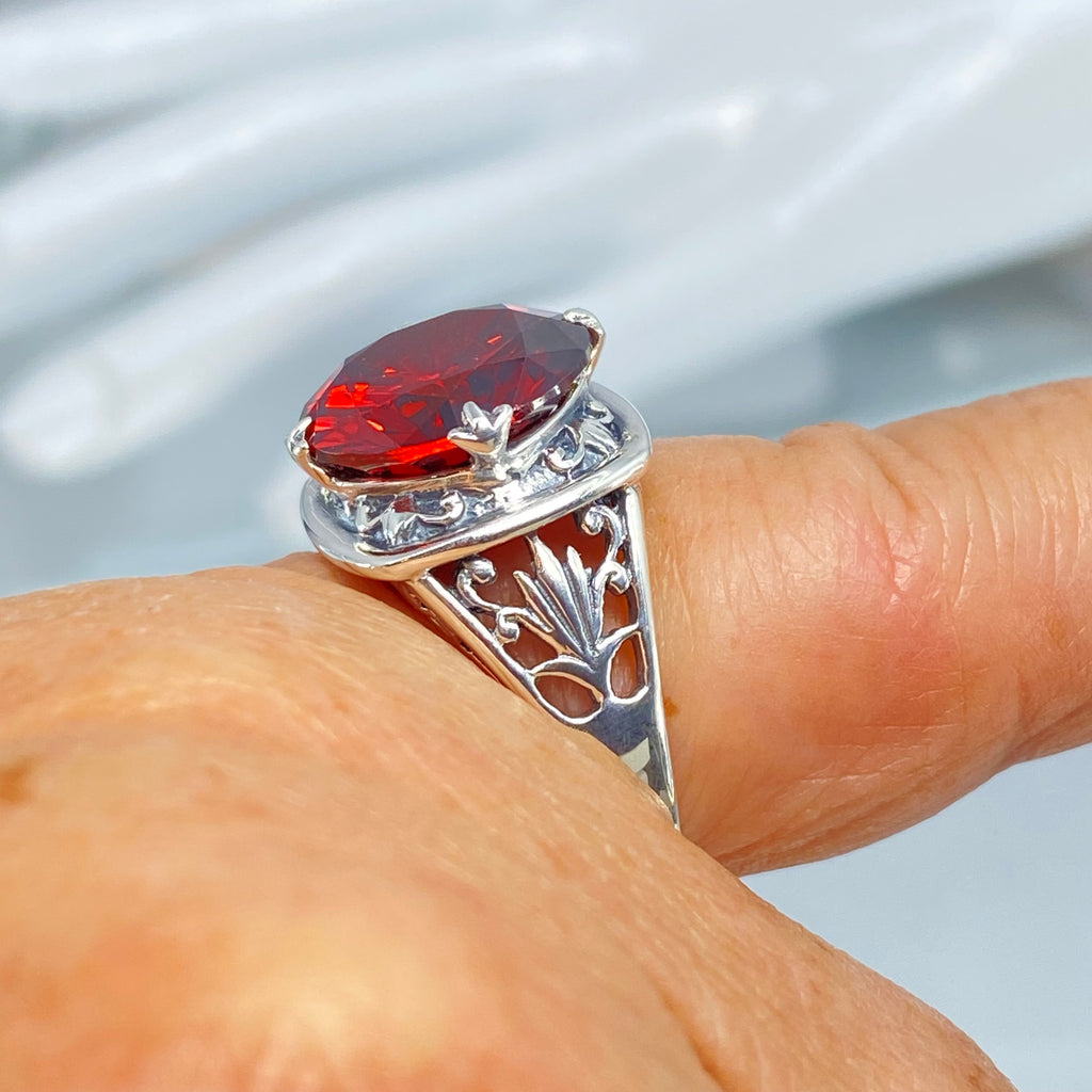 Garnet CZ Ring, Lotus Egyptian style sterling silver filigree, silver embrace jewelry, D130
