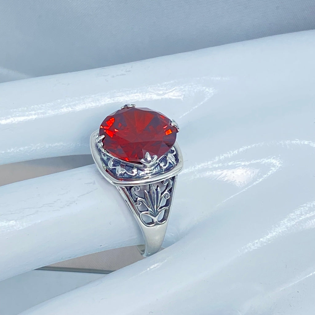 Garnet CZ Ring, Lotus Egyptian style sterling silver filigree, silver embrace jewelry, D130
