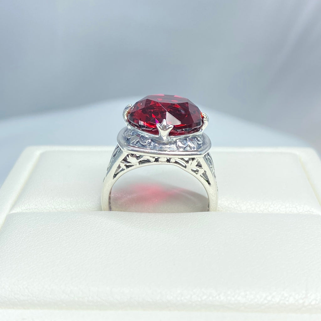 Red Ruby Ring, Lotus Egyptian style sterling silver filigree, silver embrace jewelry, D130