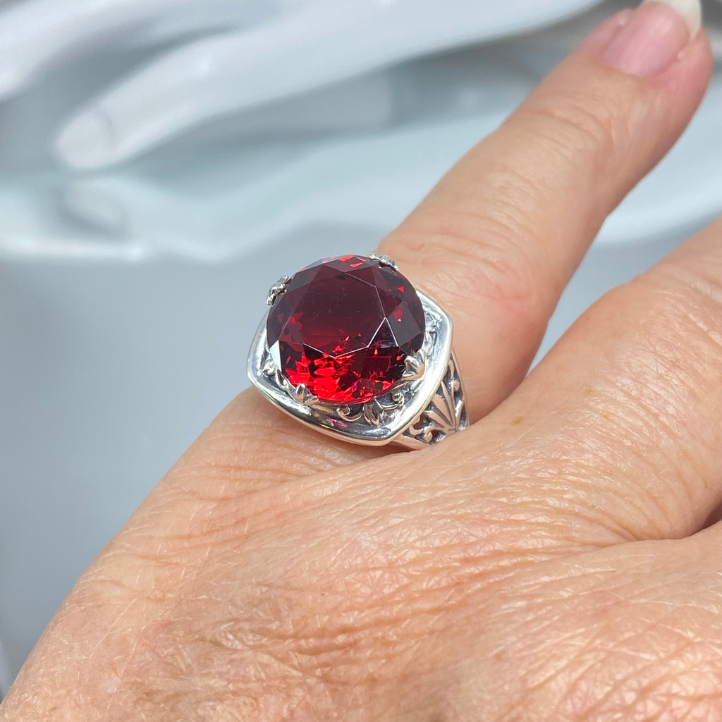 Red Ruby Ring, Lotus Egyptian style sterling silver filigree, silver embrace jewelry, D130