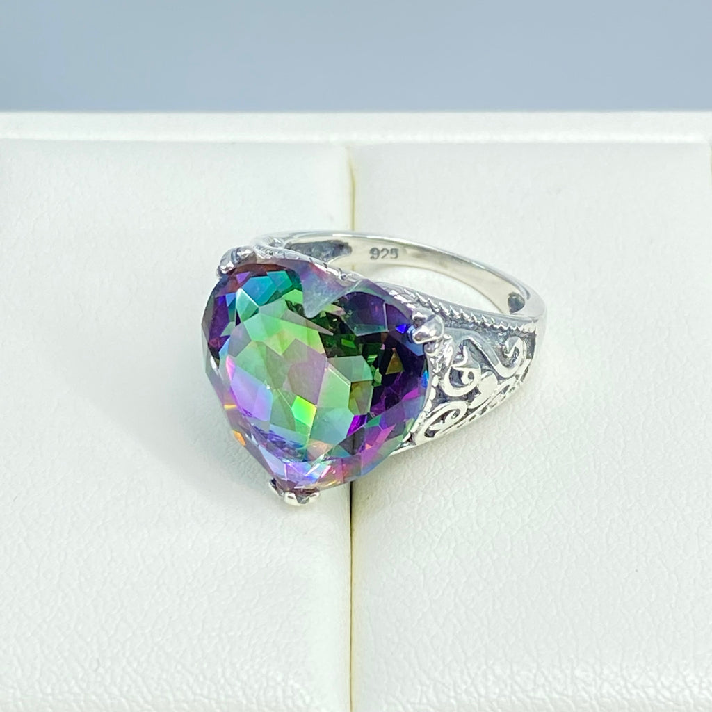 Rainbow Heart Ring, Mystic Topaz Ring, Gothic Sterling silver Filigree, Victorian style, Silver Embrace Jewelry, D132-HeartGoth